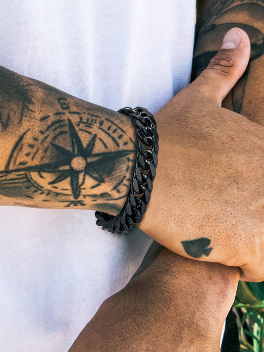 12mm Black Stainless Steel Cuban Link Bracelet for Men - Chunky Franco Chain Hand Jewelry for Father's Day, Birthdays, and Graduations - 7.5 Inch