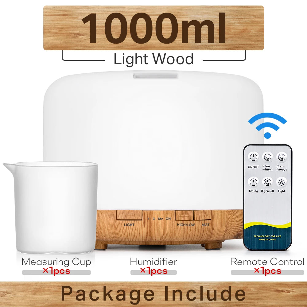 Transform Your Space with the Air Humidifier Essential Oil Diffuser - 300ML, 500ML, & 1000ML Options Featuring Remote Control and Soothing LED Lights