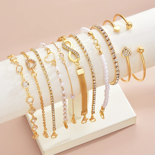 11 Pcs Boho Pearl Crystal Heart Infinity Sign Bracelets for Women