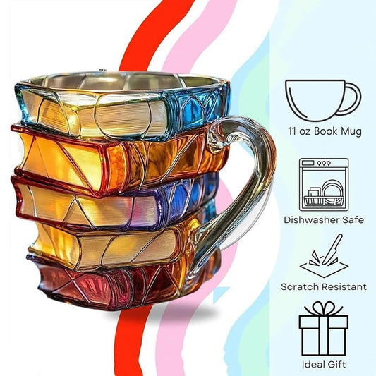 Painted Book Mug 11Oz Novelty 3D Painted Books Coffee Mug Unique Colorful Resin Books Stack Coffee Cup Collection Gifts