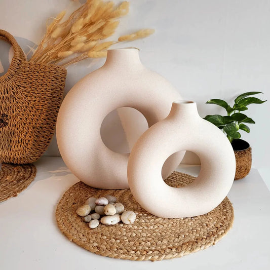 Set of 2 Modern Ceramic Donut Vases for Home Decor - White Farmhouse and Boho Decorative Vases for Bookshelf, Mantel, Table, and Fireplace