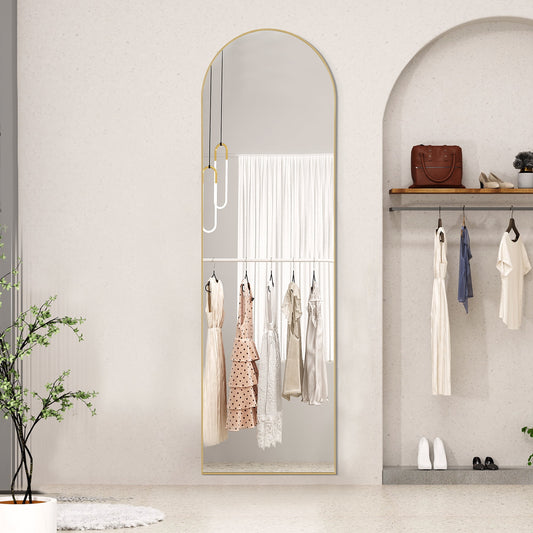 59"X16" High-Quality Arched Full Length Mirror, Aluminum Alloy Frame Ensures Stability, Standing Design for Bedroom, Gold