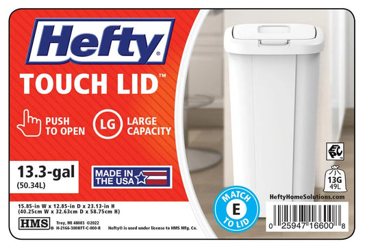 13.3 Gallon Touch Top Kitchen Trash Can with Push Button Lid, White Plastic