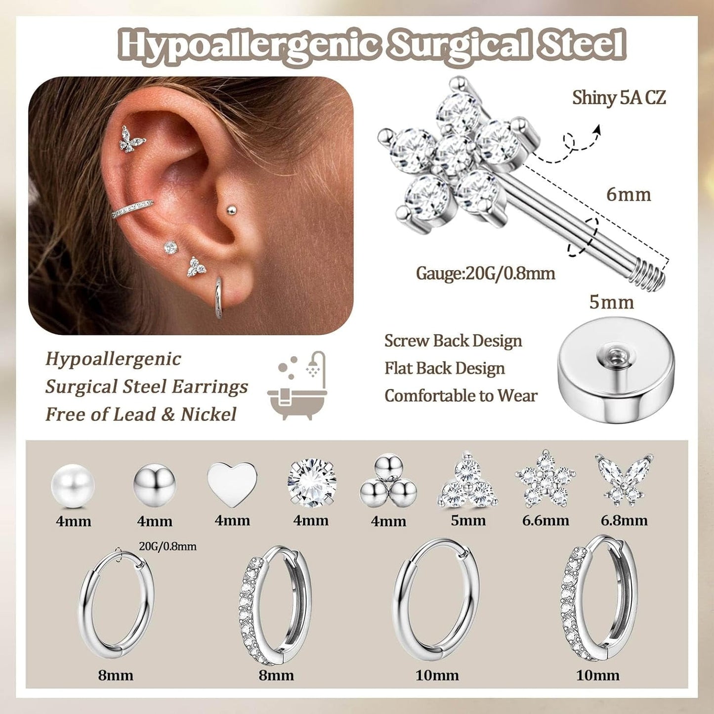 Hypoallergenic Surgical Stainless Steel Silver Stud Hoop Earrings for Women
