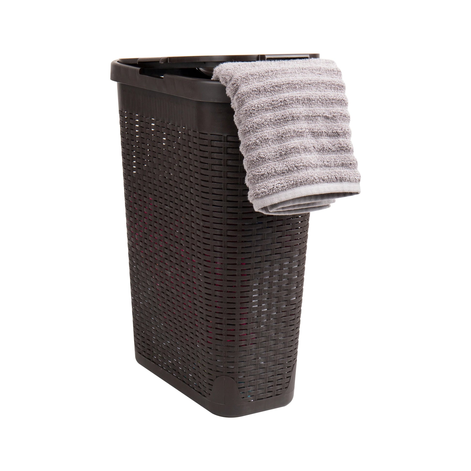 40L Slim Laundry Hamper with Lid, Plastic Construction, 18" L x 10.4" W x 23.5" H, Brown