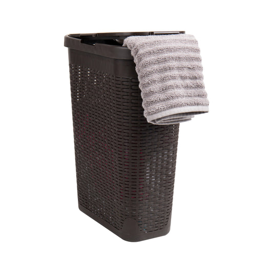 40L Slim Laundry Hamper with Lid, Plastic Construction, 18" L x 10.4" W x 23.5" H, Brown