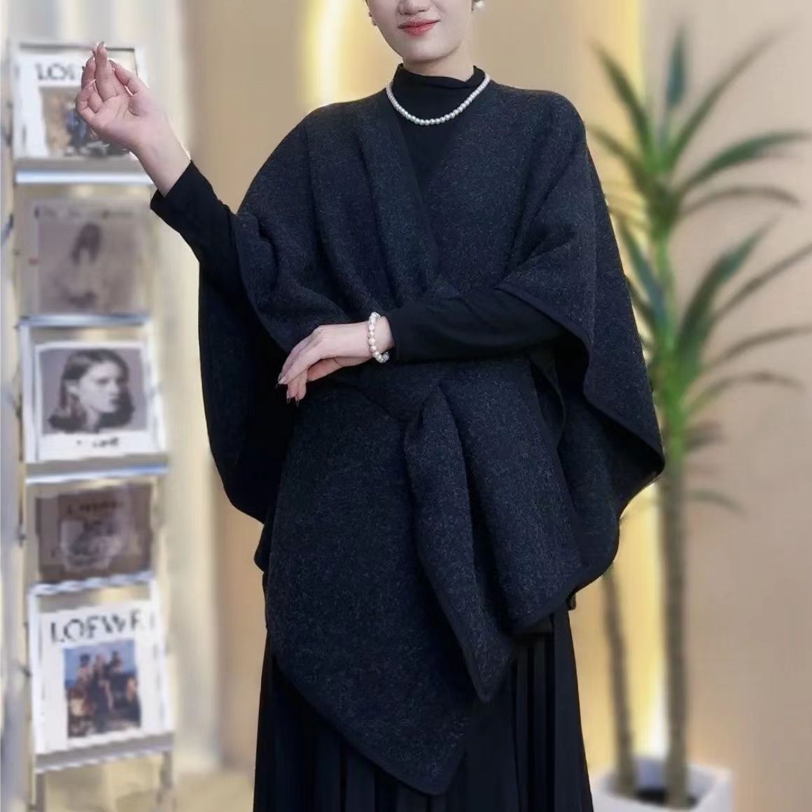 Fur Collar Fur Ball Knitted Cardigan Cape and Shawl