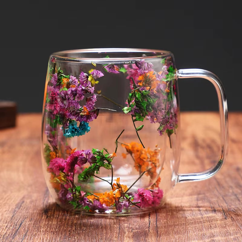 Double Wall Clear Glass Coffee Mugs Creative Clear Glass Cups with Handle Flowers Double Insulated Glass Cup for Hot Cold