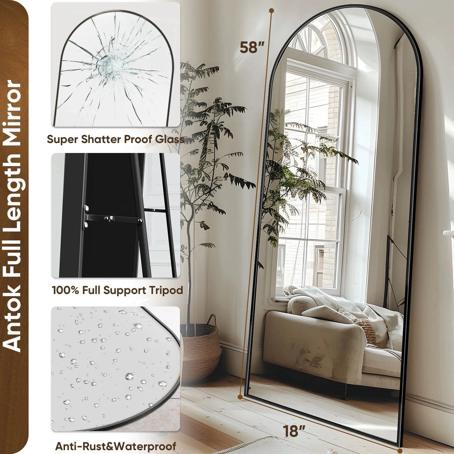 58.2"X 18" Arched Full Length Mirror Standing Floor Mirror Stand up Mirror, Black Frame