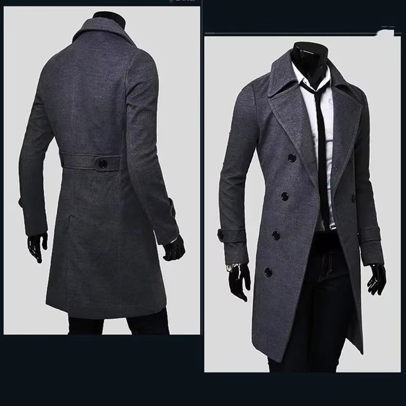 Mens Double Breasted Trench Coat Wool Blend 2025 Autumn Winter Solid Casual Slim Fit Long Jacket Wool Coat