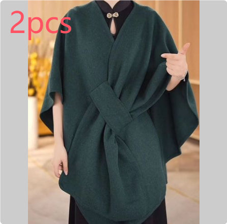 Fur Collar Fur Ball Knitted Cardigan Cape and Shawl