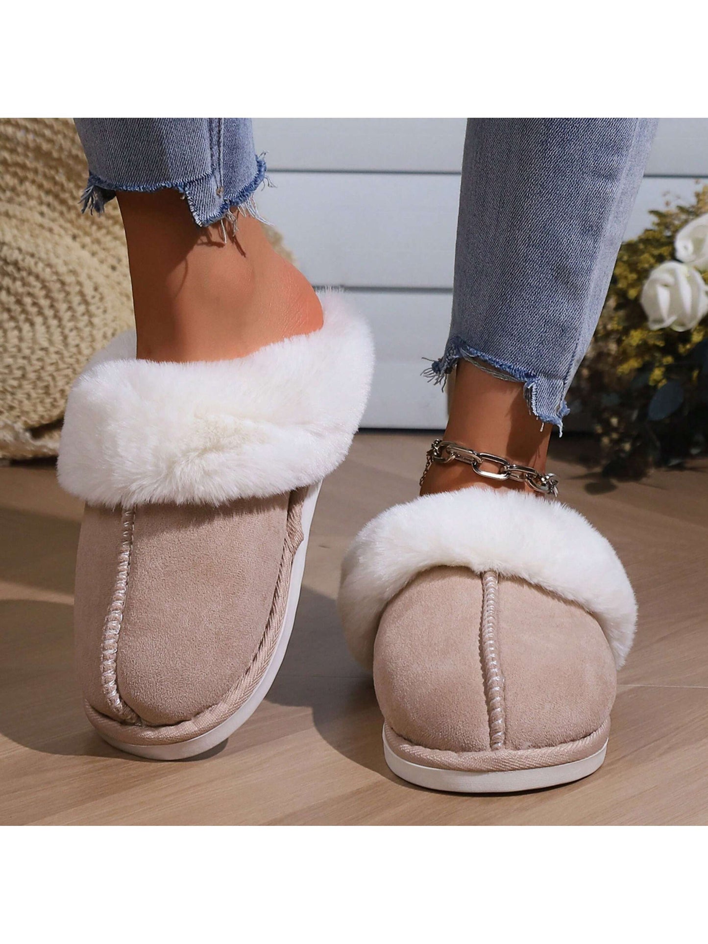 Women'S Plush Lined Slippers, Wool Fluffy Moccasins,Outdoor Indoor Dual Use Slippers
