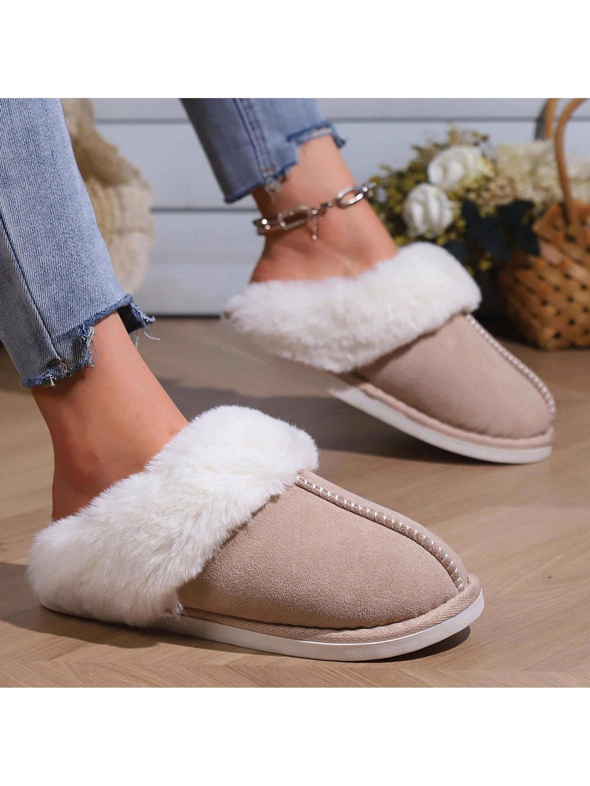 Women'S Plush Lined Slippers, Wool Fluffy Moccasins,Outdoor Indoor Dual Use Slippers