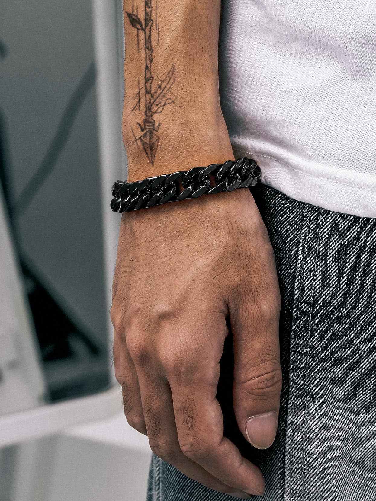 12mm Black Stainless Steel Cuban Link Bracelet for Men - Chunky Franco Chain Hand Jewelry for Father's Day, Birthdays, and Graduations - 7.5 Inch