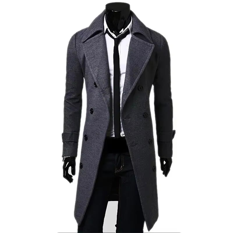 Mens Double Breasted Trench Coat Wool Blend 2025 Autumn Winter Solid Casual Slim Fit Long Jacket Wool Coat