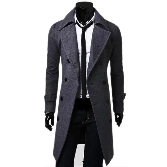 Mens Double Breasted Trench Coat Wool Blend 2025 Autumn Winter Solid Casual Slim Fit Long Jacket Wool Coat