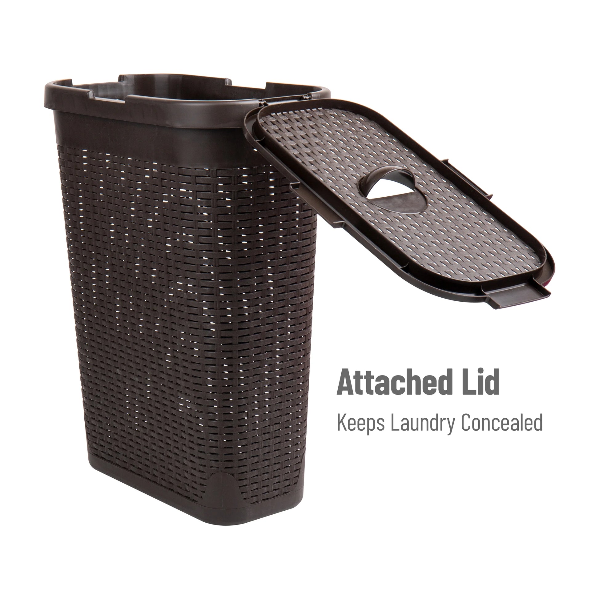 40L Slim Laundry Hamper with Lid, Plastic Construction, 18" L x 10.4" W x 23.5" H, Brown