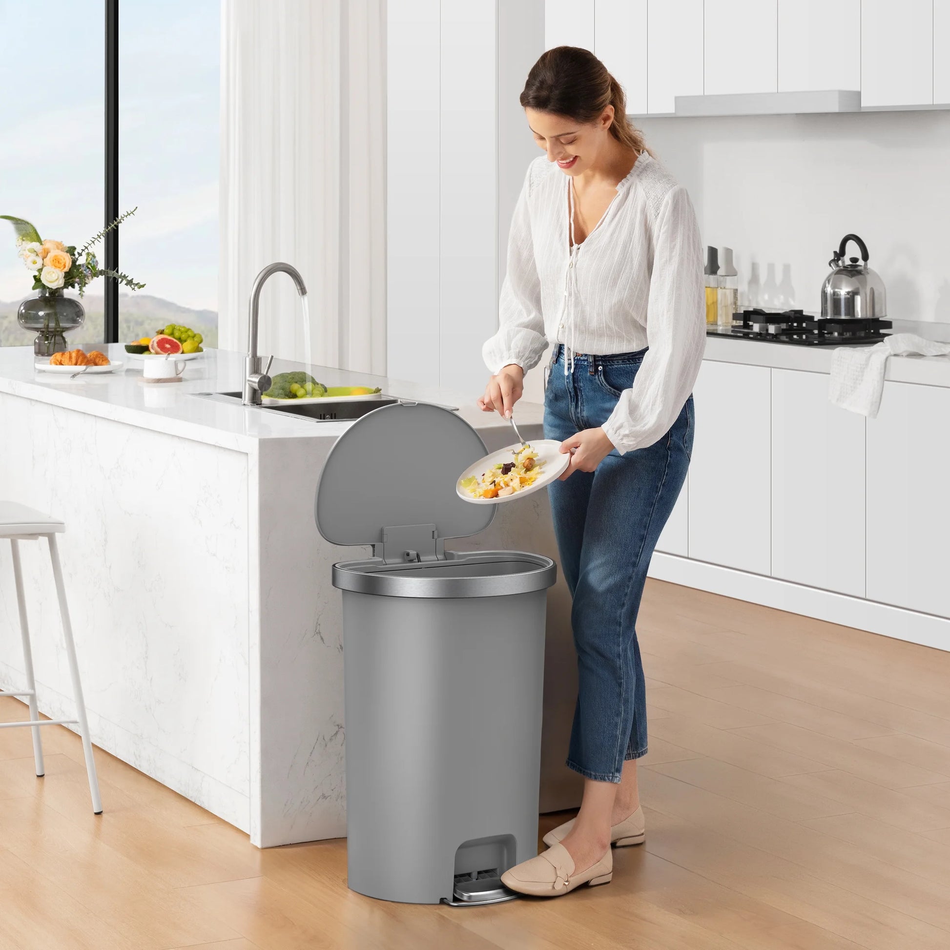 14.5-Gallon Plastic Semi-Round Kitchen Trash Can with Soft-Close Lid, Gray