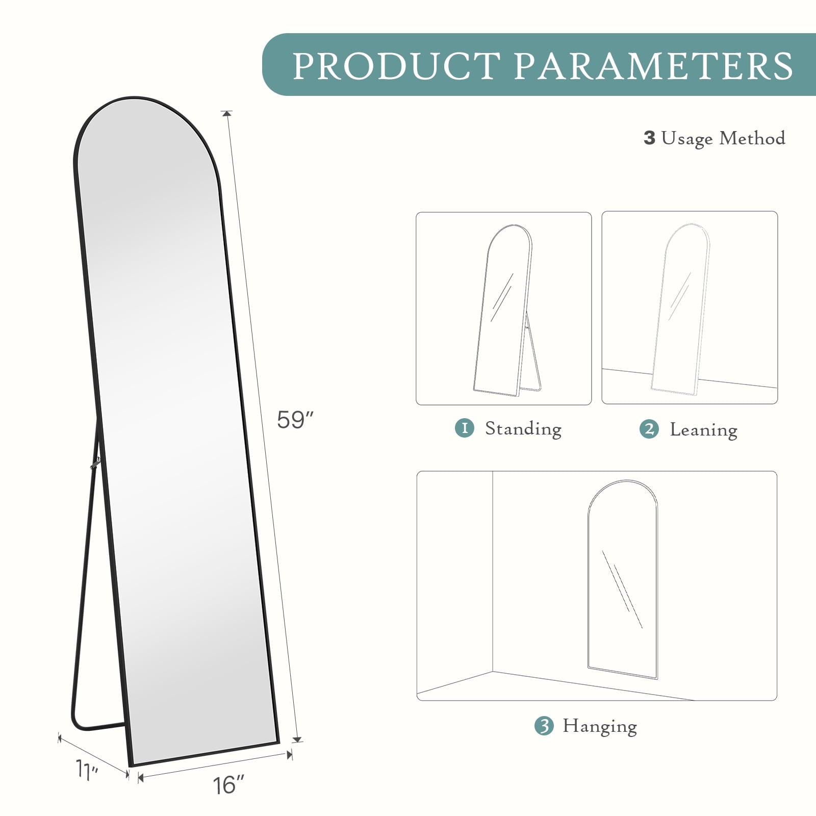 59"X16" High-Quality Arched Full Length Mirror, Aluminum Alloy Frame Ensures Stability, Standing Design for Bedroom, Gold