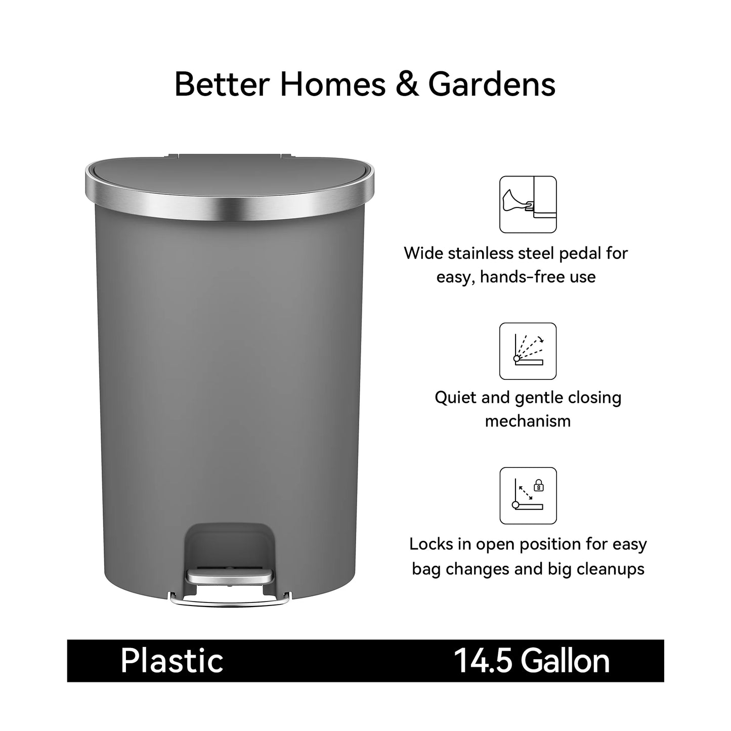 14.5-Gallon Plastic Semi-Round Kitchen Trash Can with Soft-Close Lid, Gray