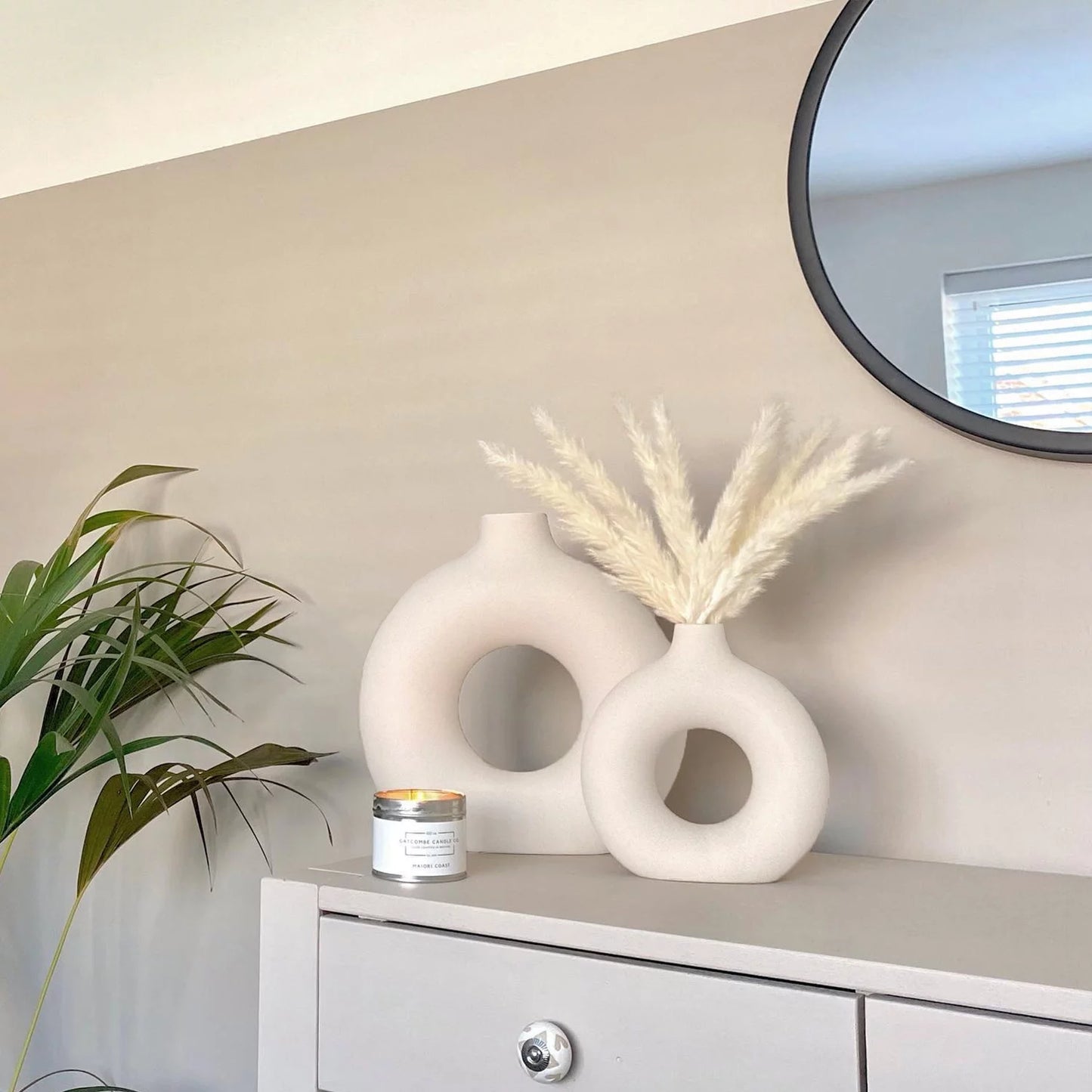 Set of 2 Modern Ceramic Donut Vases for Home Decor - White Farmhouse and Boho Decorative Vases for Bookshelf, Mantel, Table, and Fireplace