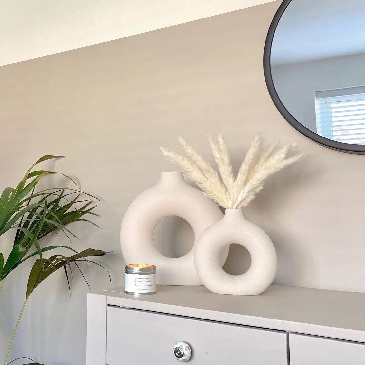 Set of 2 Modern Ceramic Donut Vases for Home Decor - White Farmhouse and Boho Decorative Vases for Bookshelf, Mantel, Table, and Fireplace