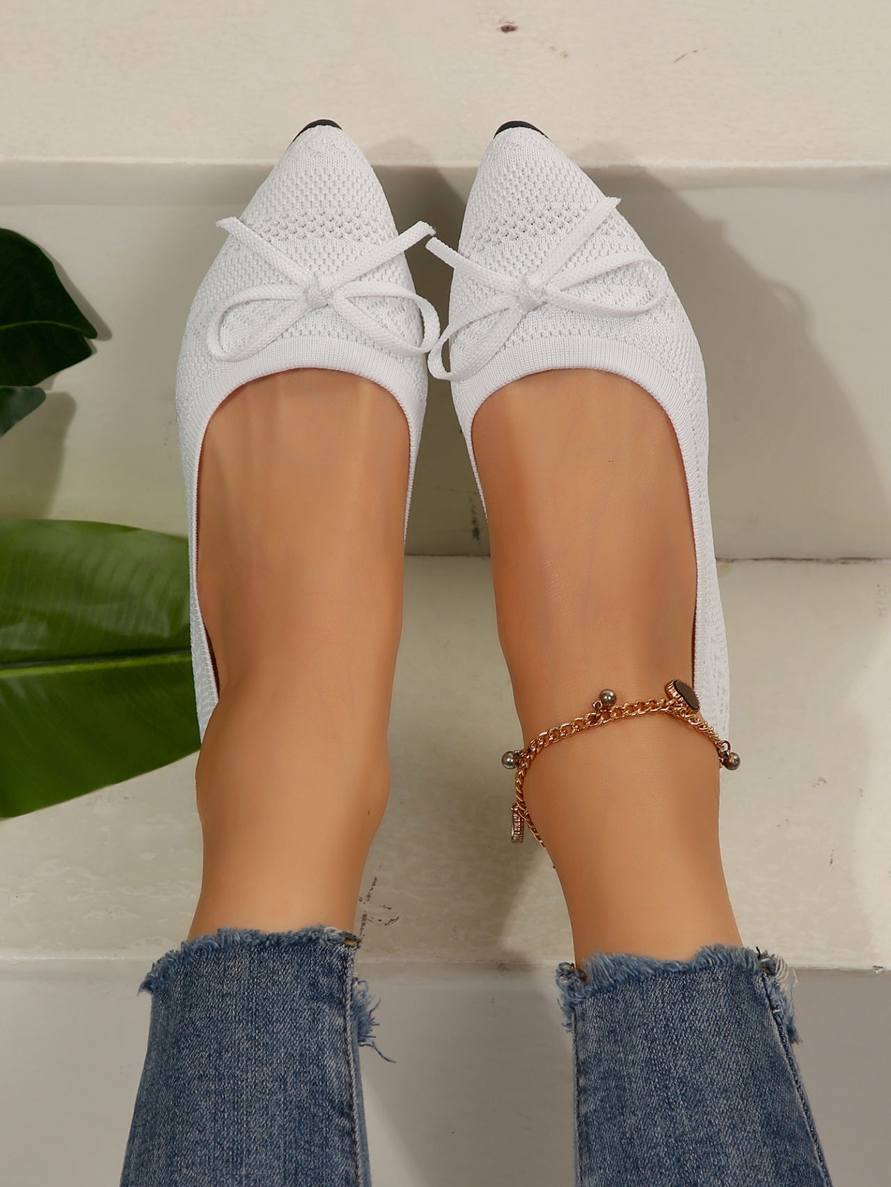 Bow Knitted Loafers Ins Fashion Pointed-Toed Flats Shoes for Women