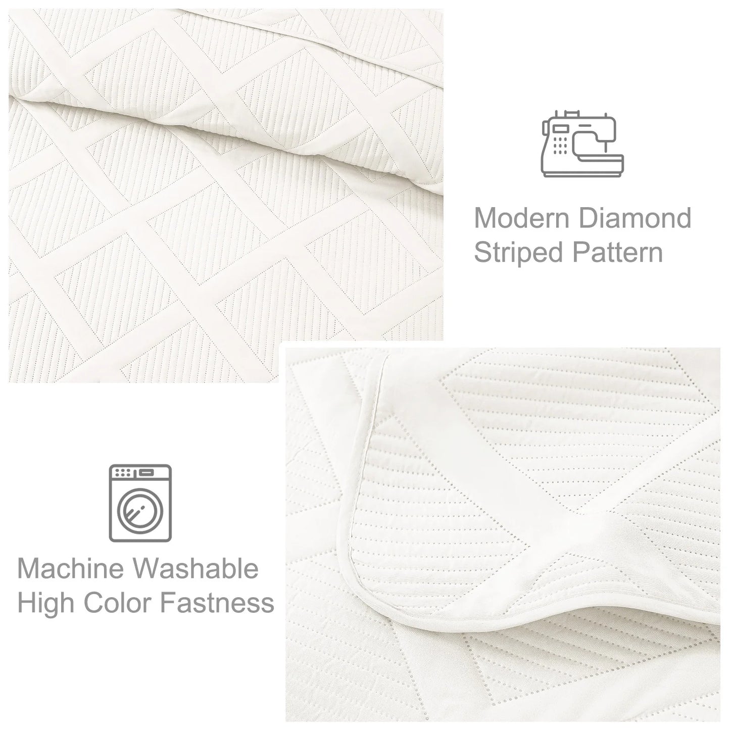 Exclusivo Ultrasonic King Quilt Set, 3-Piece Lightweight Modern Striped Bedspread in White