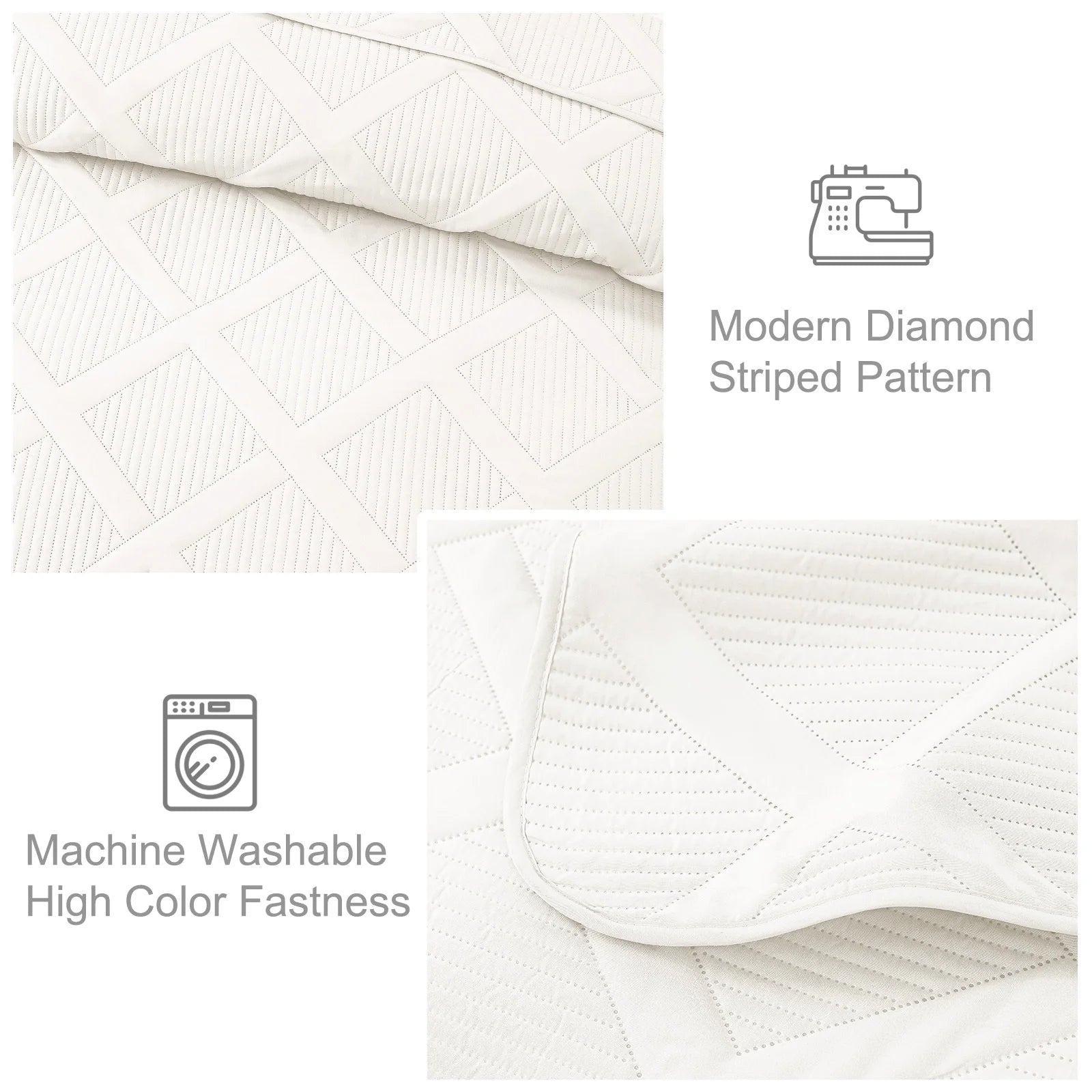 Exclusivo Ultrasonic King Quilt Set, 3-Piece Lightweight Modern Striped Bedspread in White