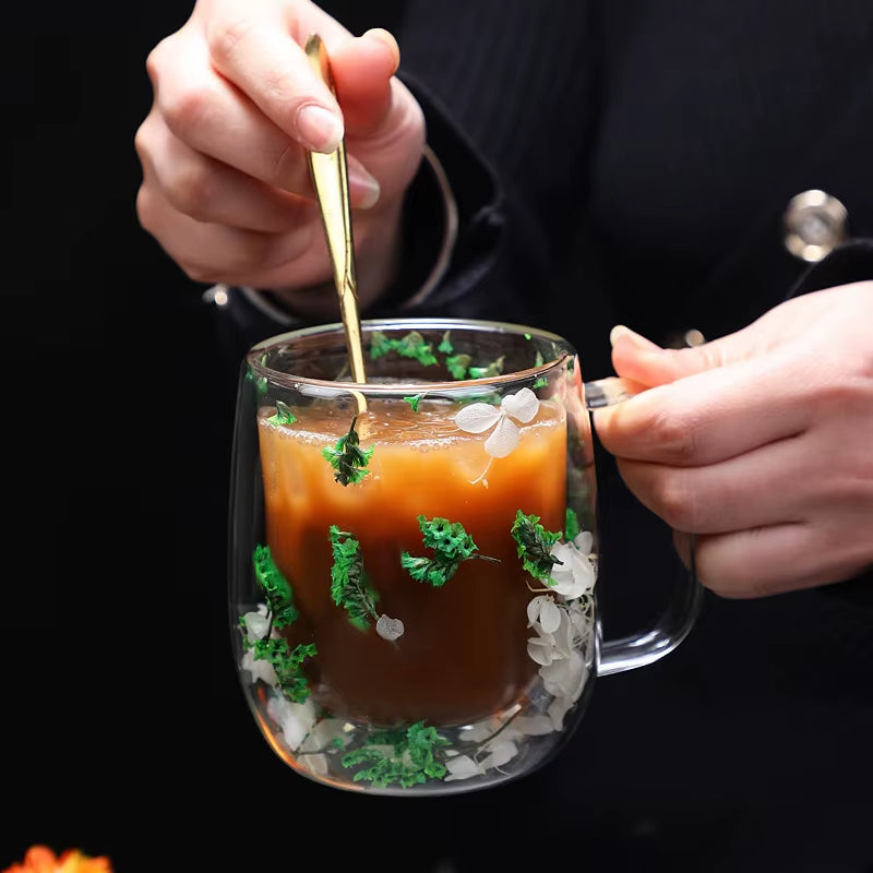 Double Wall Clear Glass Coffee Mugs Creative Clear Glass Cups with Handle Flowers Double Insulated Glass Cup for Hot Cold
