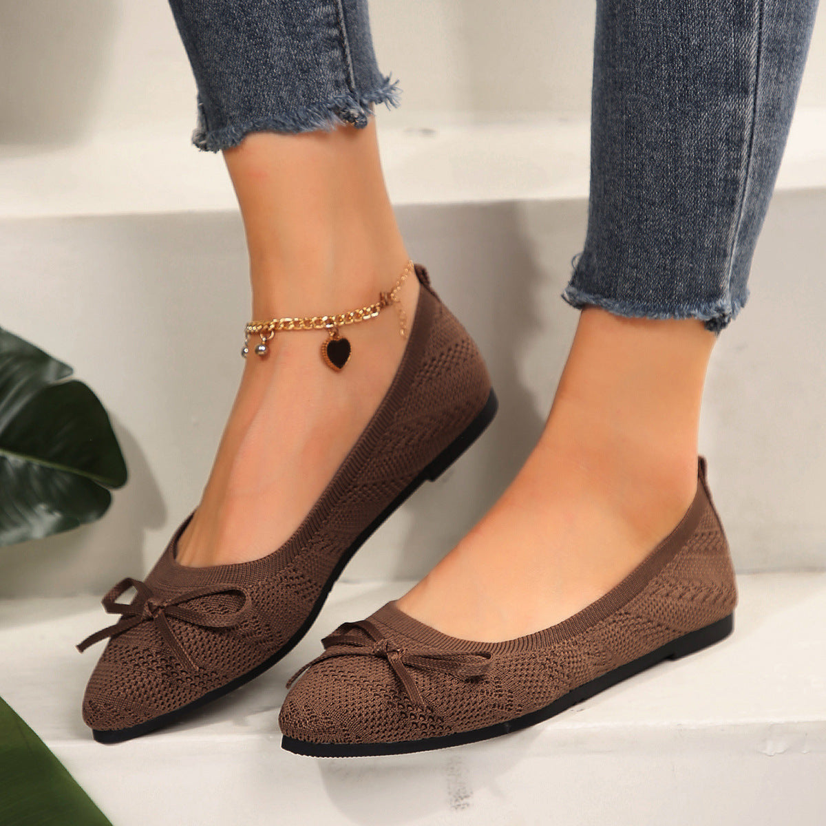 Bow Knitted Loafers Ins Fashion Pointed-Toed Flats Shoes for Women