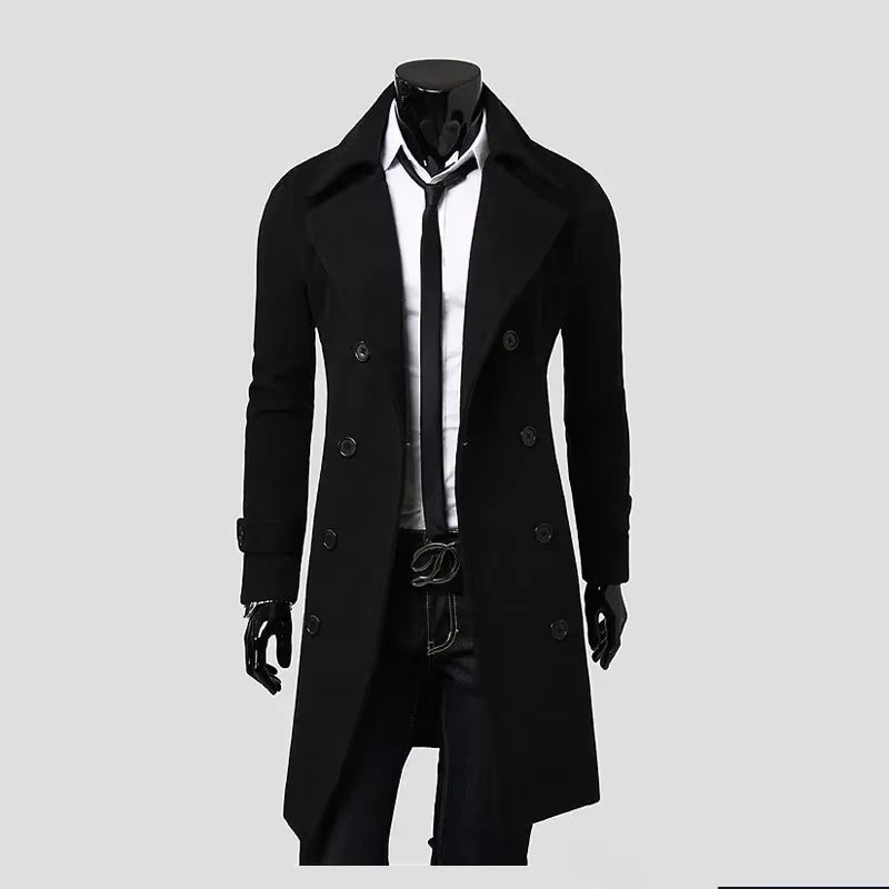 Mens Double Breasted Trench Coat Wool Blend 2025 Autumn Winter Solid Casual Slim Fit Long Jacket Wool Coat