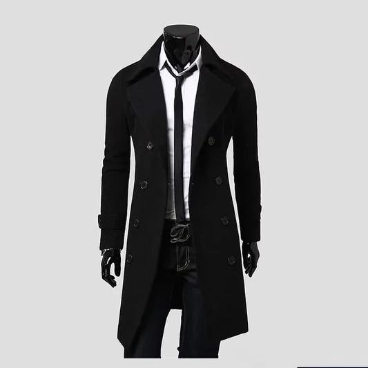 Mens Double Breasted Trench Coat Wool Blend 2025 Autumn Winter Solid Casual Slim Fit Long Jacket Wool Coat