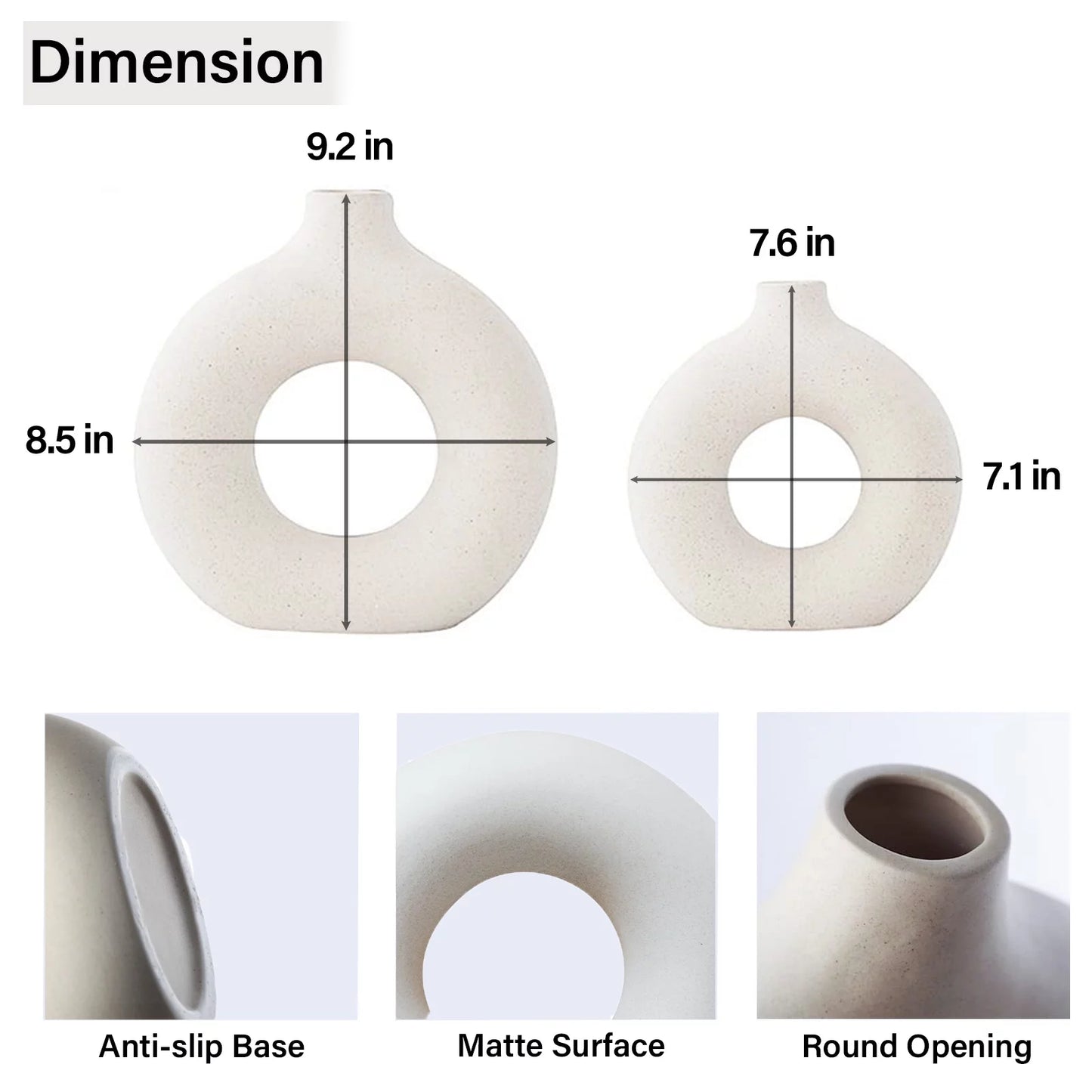 Set of 2 Modern Ceramic Donut Vases for Home Decor - White Farmhouse and Boho Decorative Vases for Bookshelf, Mantel, Table, and Fireplace