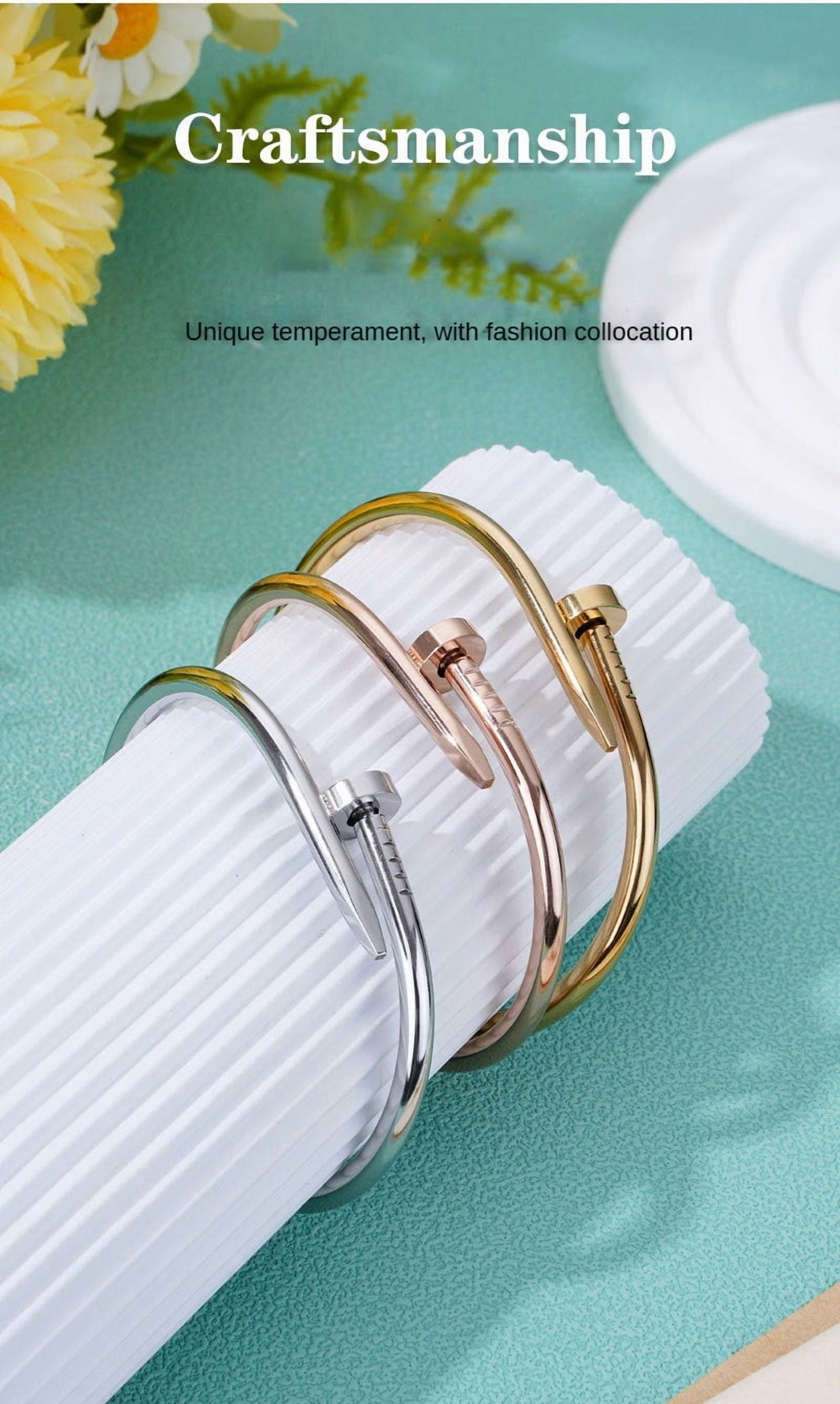 Titanium Steel Bracelet Featuring 18K Gold Plating and Diamond Inlays - A Fusion of Elegance and Minimalist Design