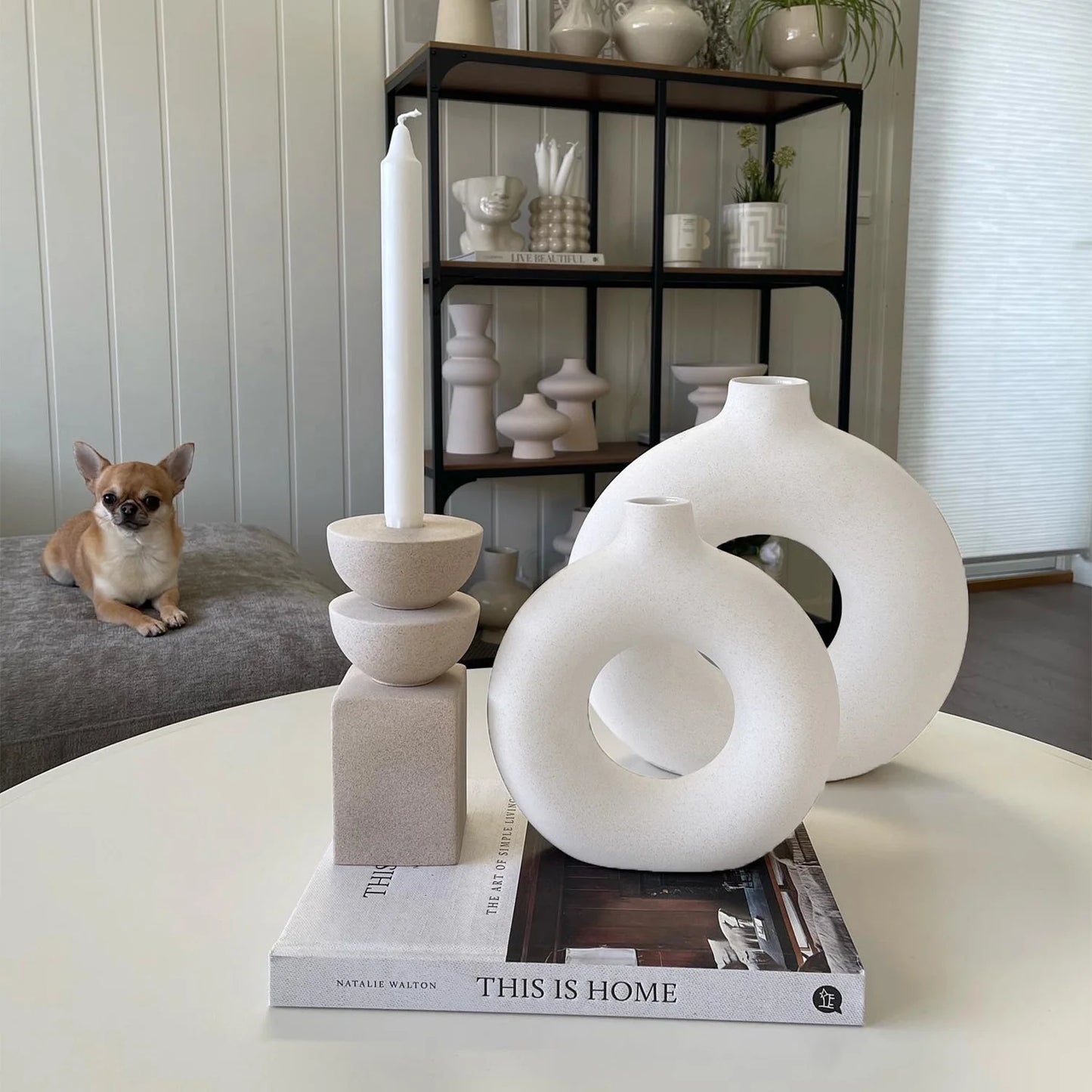 Set of 2 Modern Ceramic Donut Vases for Home Decor - White Farmhouse and Boho Decorative Vases for Bookshelf, Mantel, Table, and Fireplace