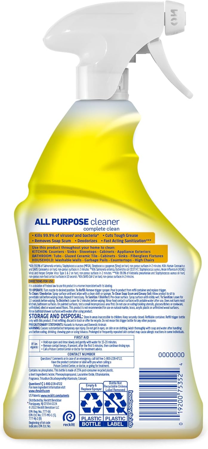 Powerful All-Purpose Cleaner Spray - Disinfecting Multi-Purpose Solution with Fresh Lemon Breeze Scent - 32 Fl Oz