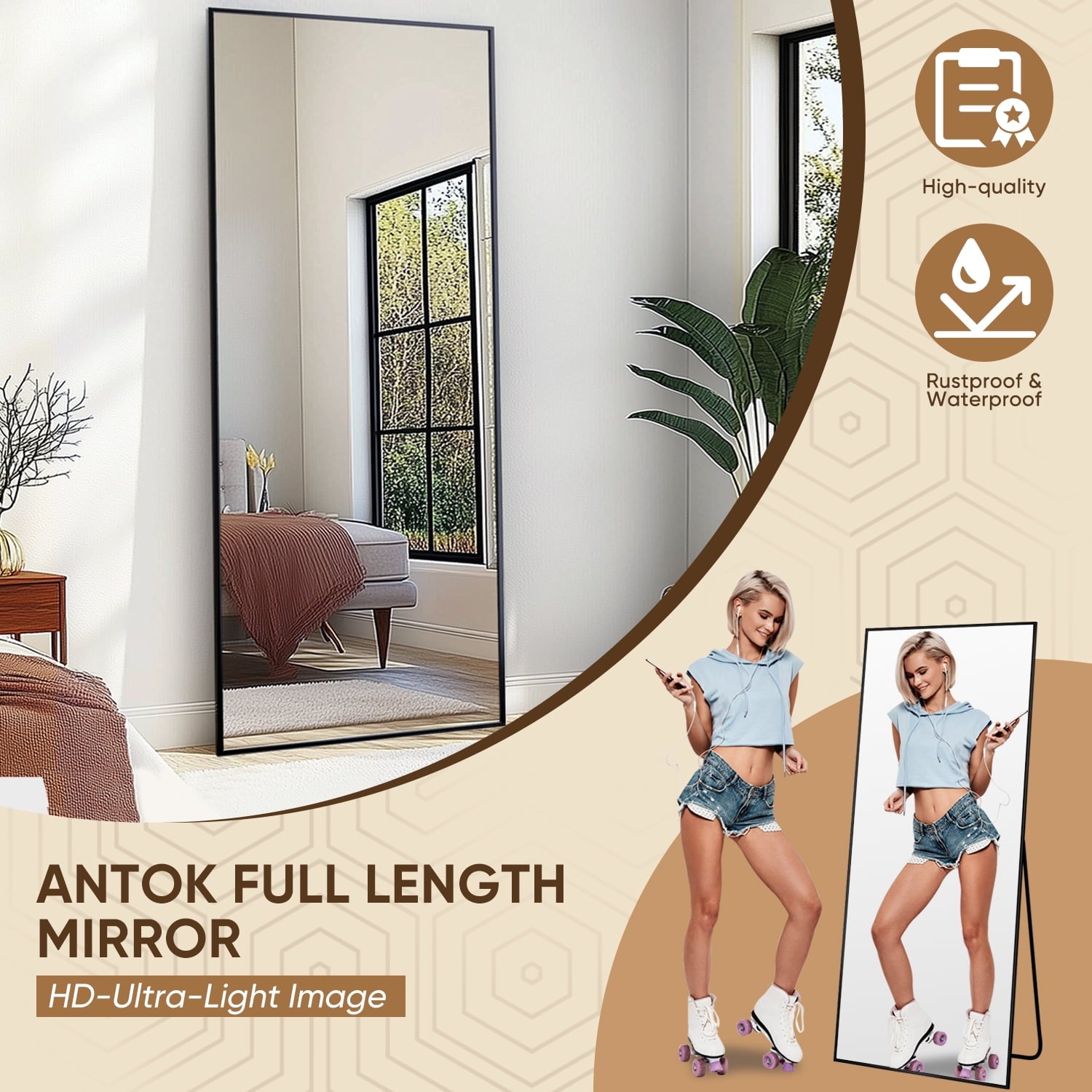 58"X 18" Rectangle Full Length Mirror Standing Floor Mirror Stand up Mirror, Black Frame