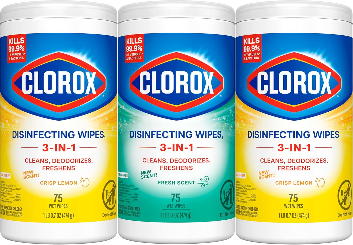 Clorox Disinfecting Wipes Variety Pack - 75 Count Each, 3 Canisters of Fresh & Citrus Scents for Ultimate Cleanliness
