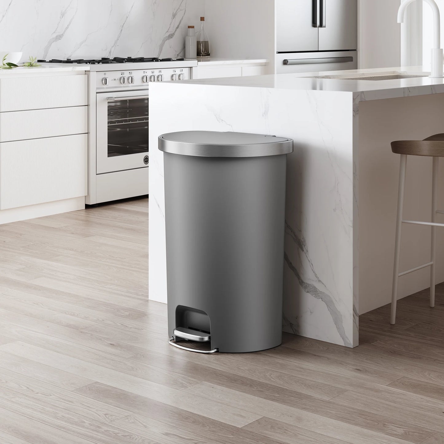 14.5-Gallon Plastic Semi-Round Kitchen Trash Can with Soft-Close Lid, Gray