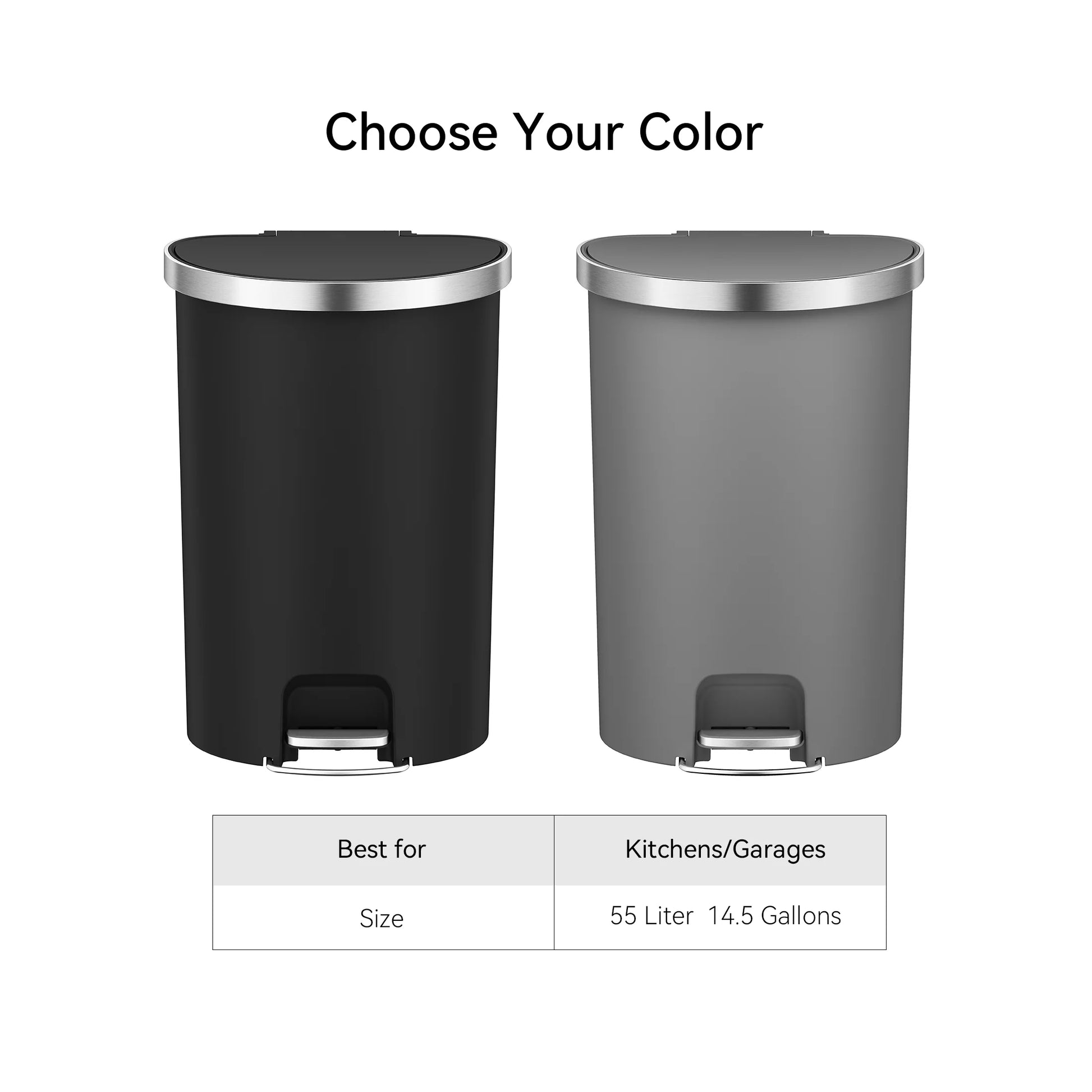 14.5-Gallon Plastic Semi-Round Kitchen Trash Can with Soft-Close Lid, Gray