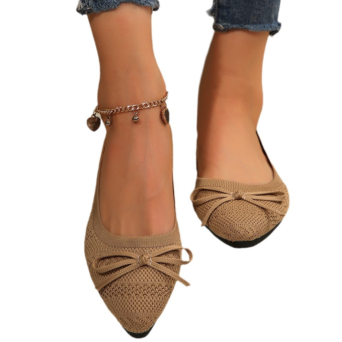 Bow Knitted Loafers Ins Fashion Pointed-Toed Flats Shoes for Women