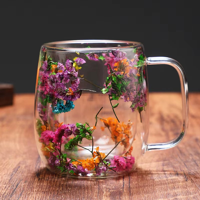 Double Wall Clear Glass Coffee Mugs Creative Clear Glass Cups with Handle Flowers Double Insulated Glass Cup for Hot Cold