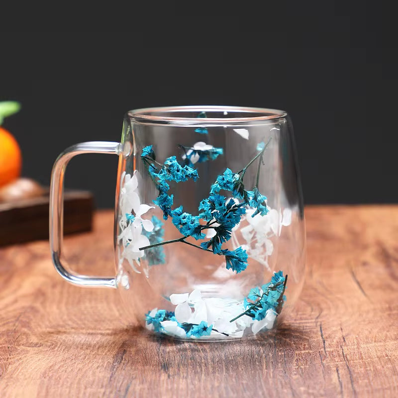 Double Wall Clear Glass Coffee Mugs Creative Clear Glass Cups with Handle Flowers Double Insulated Glass Cup for Hot Cold