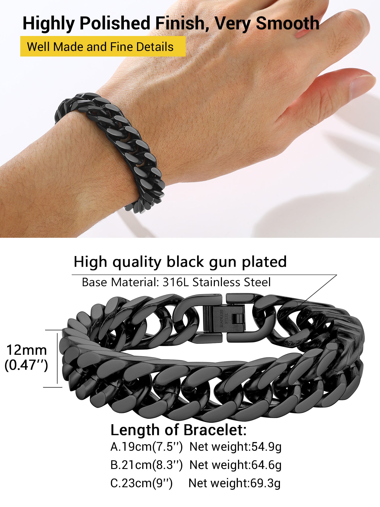 12mm Black Stainless Steel Cuban Link Bracelet for Men - Chunky Franco Chain Hand Jewelry for Father's Day, Birthdays, and Graduations - 7.5 Inch