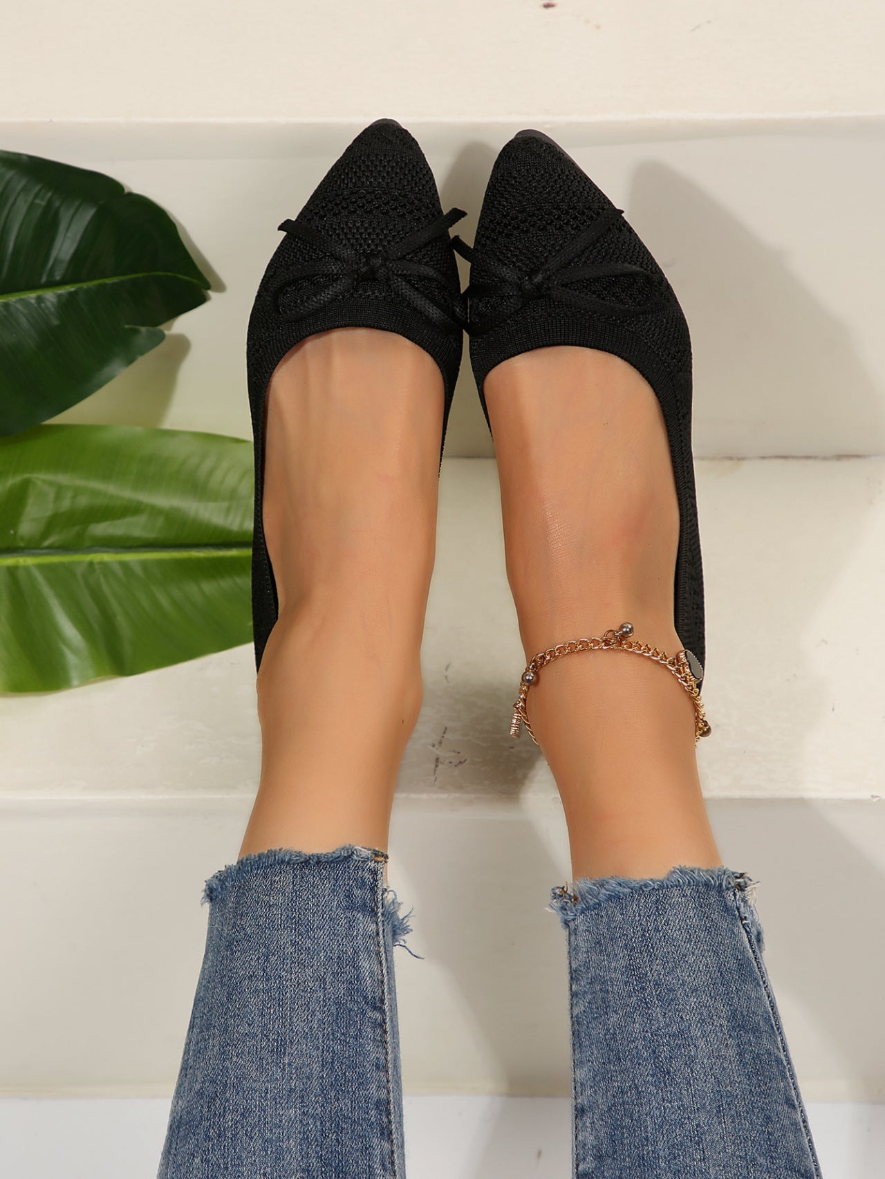 Bow Knitted Loafers Ins Fashion Pointed-Toed Flats Shoes for Women