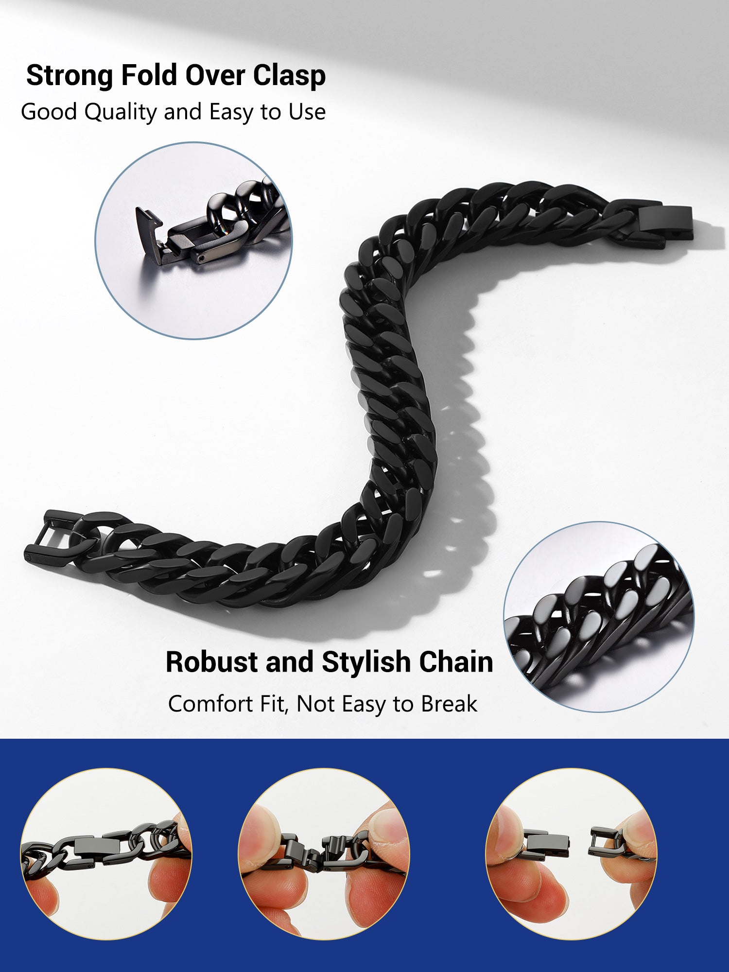 12mm Black Stainless Steel Cuban Link Bracelet for Men - Chunky Franco Chain Hand Jewelry for Father's Day, Birthdays, and Graduations - 7.5 Inch