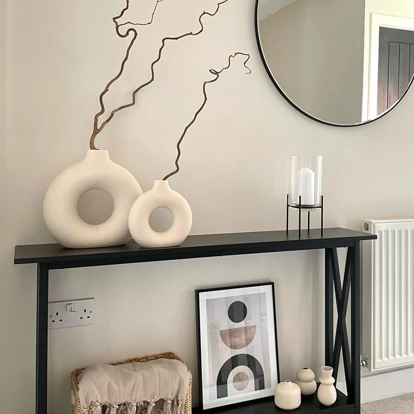 Set of 2 Modern Ceramic Donut Vases for Home Decor - White Farmhouse and Boho Decorative Vases for Bookshelf, Mantel, Table, and Fireplace