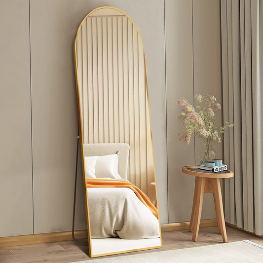 59"X16" High-Quality Arched Full Length Mirror, Aluminum Alloy Frame Ensures Stability, Standing Design for Bedroom, Gold
