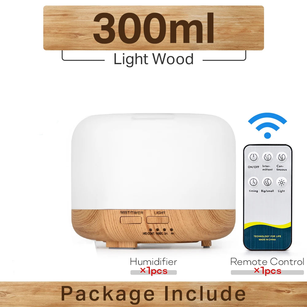 Transform Your Space with the Air Humidifier Essential Oil Diffuser - 300ML, 500ML, & 1000ML Options Featuring Remote Control and Soothing LED Lights